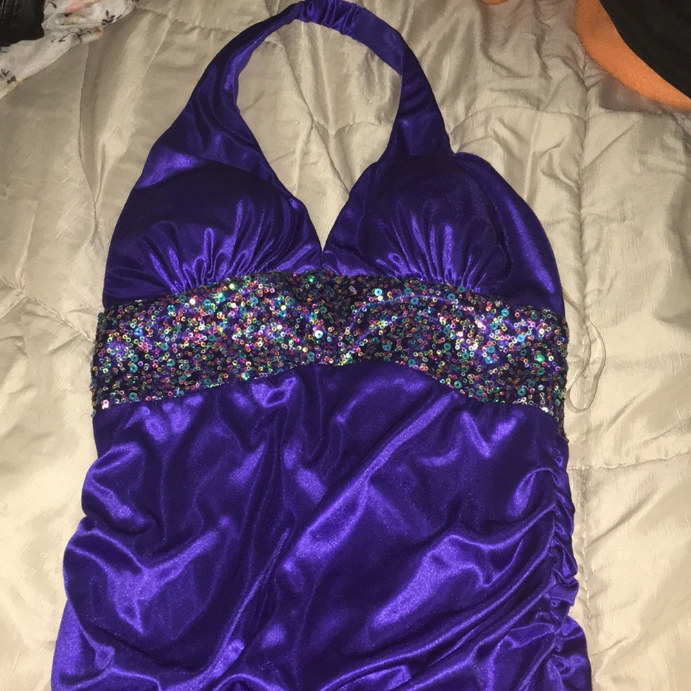 Purple Beaded Halter Prom Dress